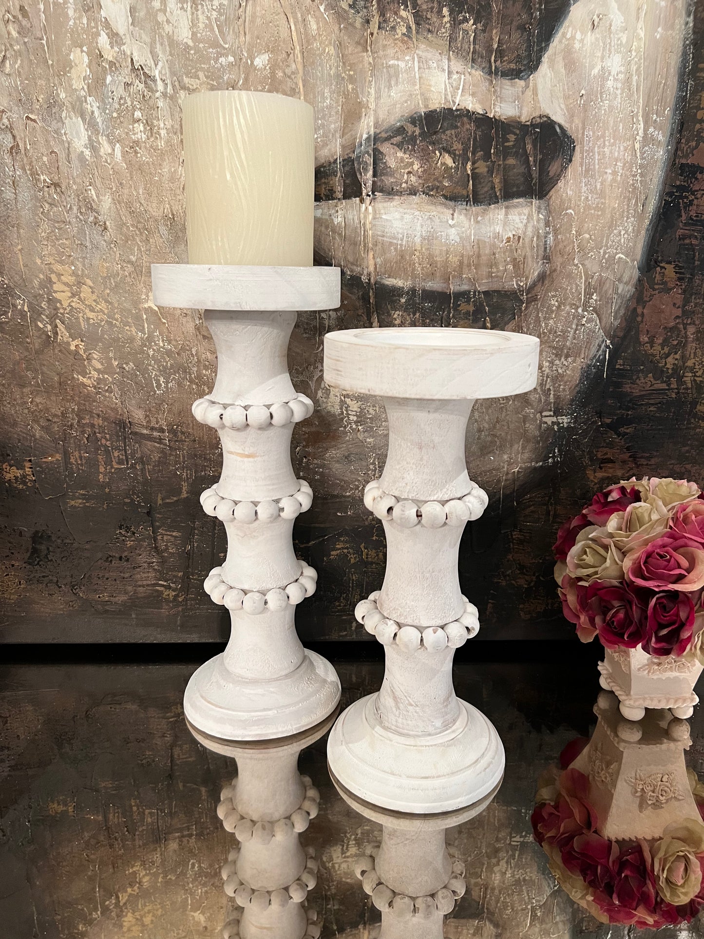Wooden Column Candle Holder Washed White - Small