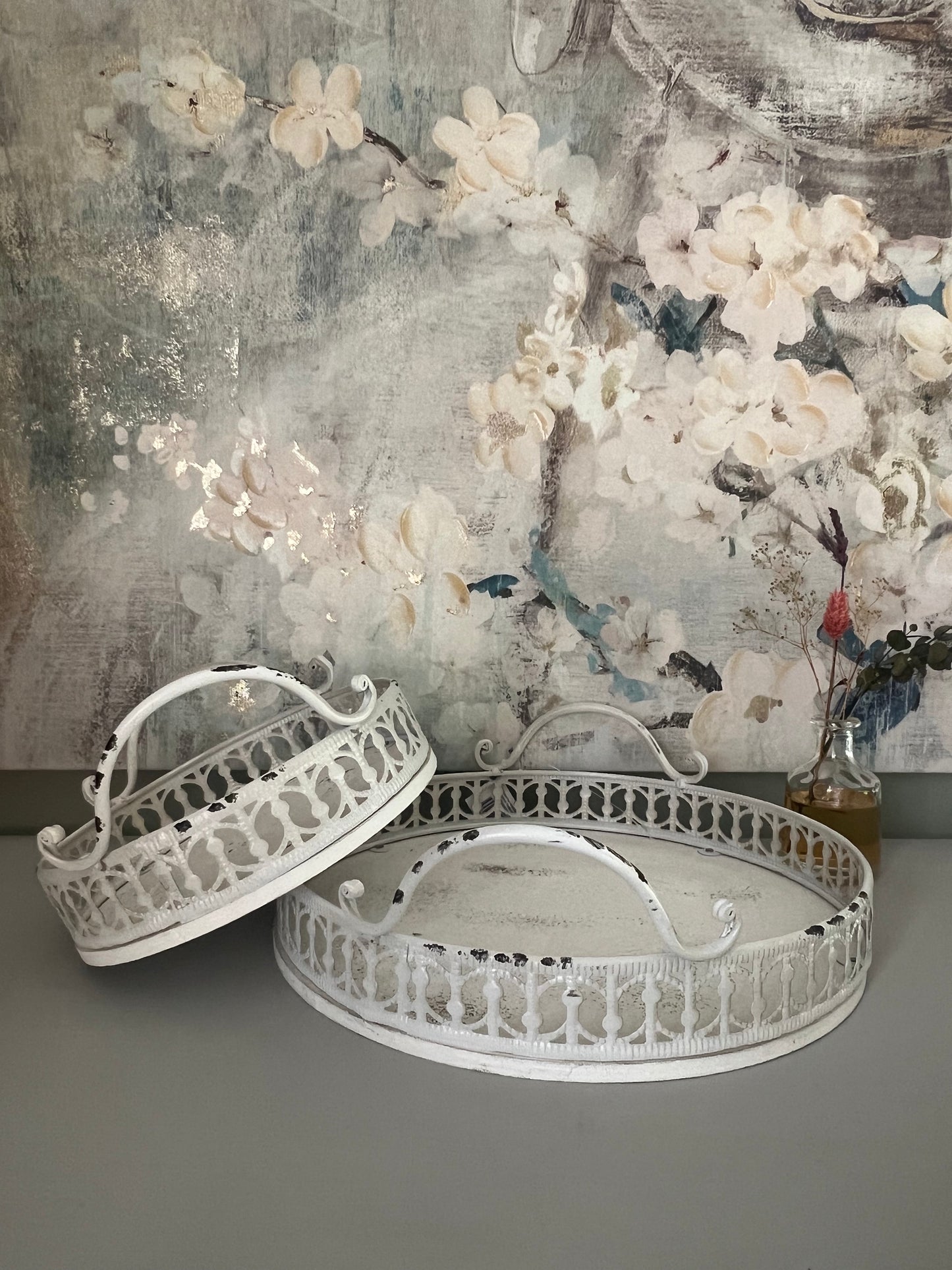 Round Antique Trays with Handles - Set of 2