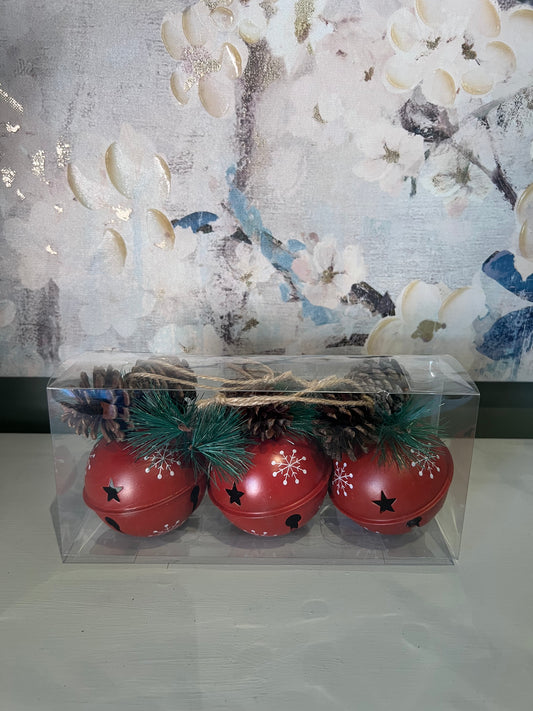 Jingle Bell Ornaments with Pine Greens - Set of 3