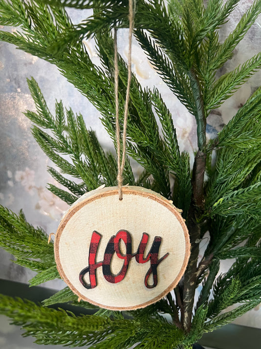 Joy Wooden Plaid Ornament