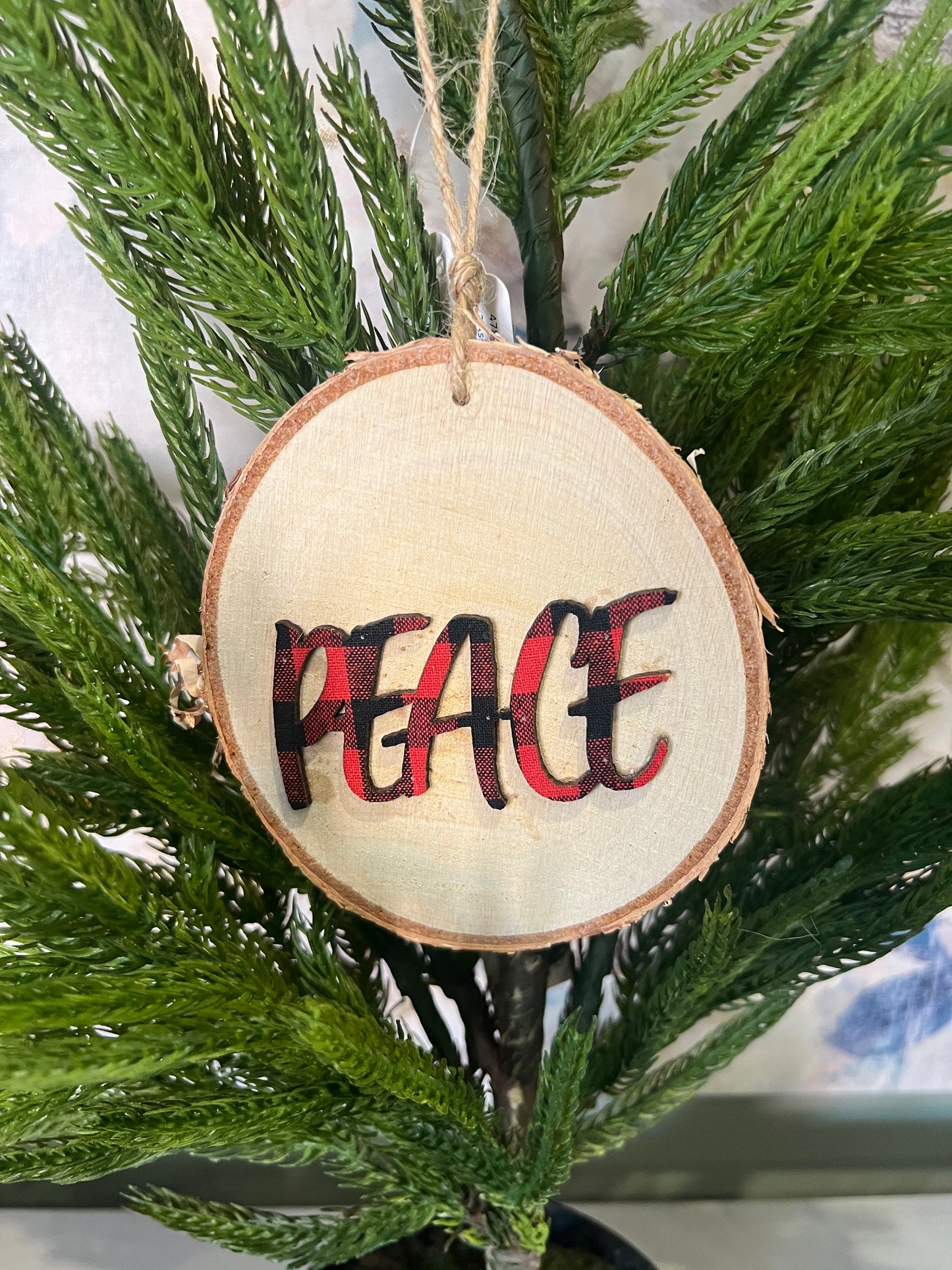 Peace Wooden Plaid Ornament