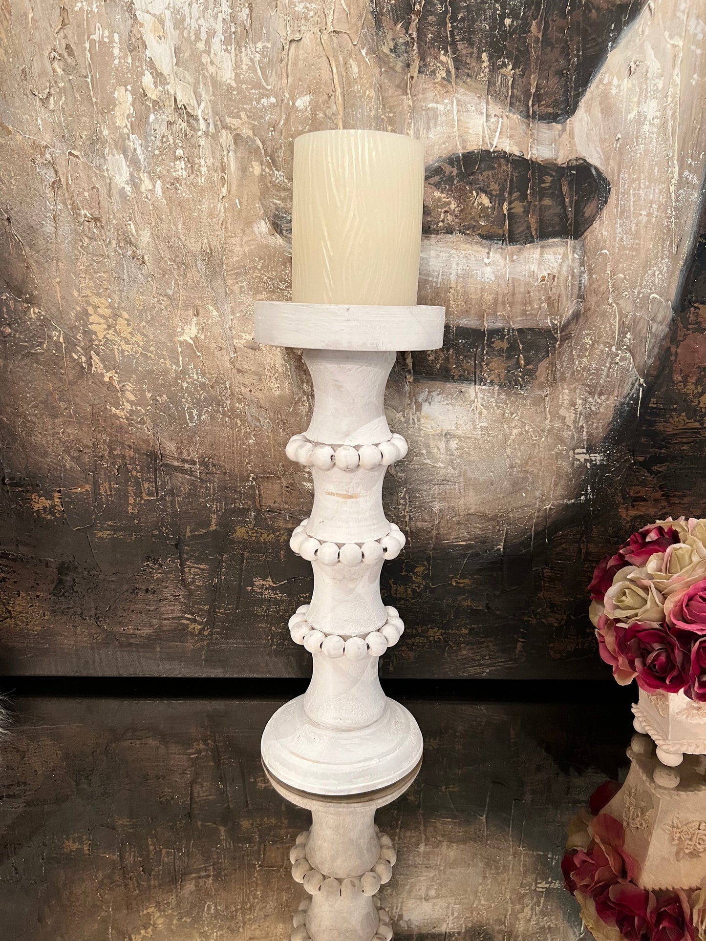 Wooden Column Candle Holder Washed White - Medium