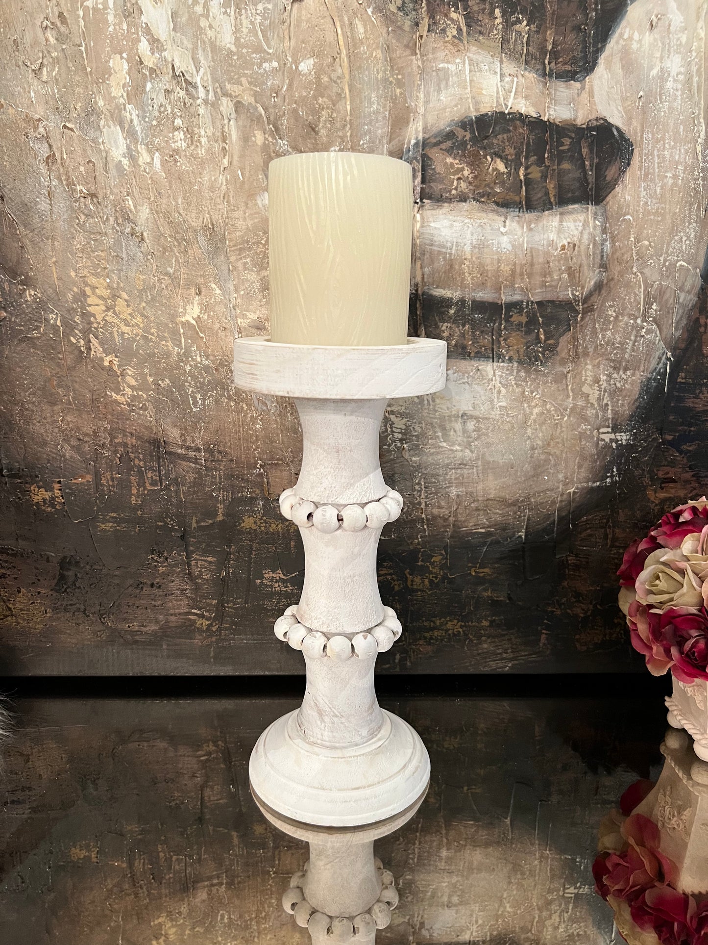 Wooden Column Candle Holder Washed White - Small